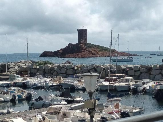 un groupe de bateaux amarrés dans un port avec phare dans l'établissement le dramont, à Saint-Raphaël