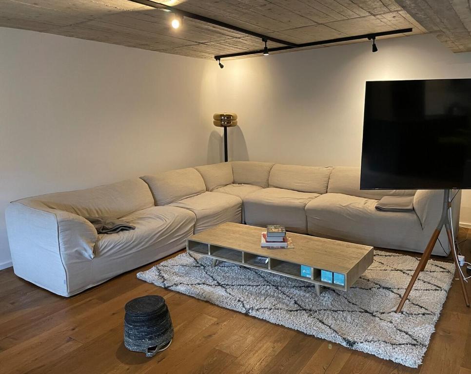a living room with a white couch and a tv at Stylishes & neues Premium-Loft in Tönisvorst