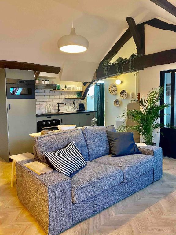- un canapé bleu dans un salon avec une cuisine dans l'établissement Mini loft de Charme au cœur de la ville, à Dijon