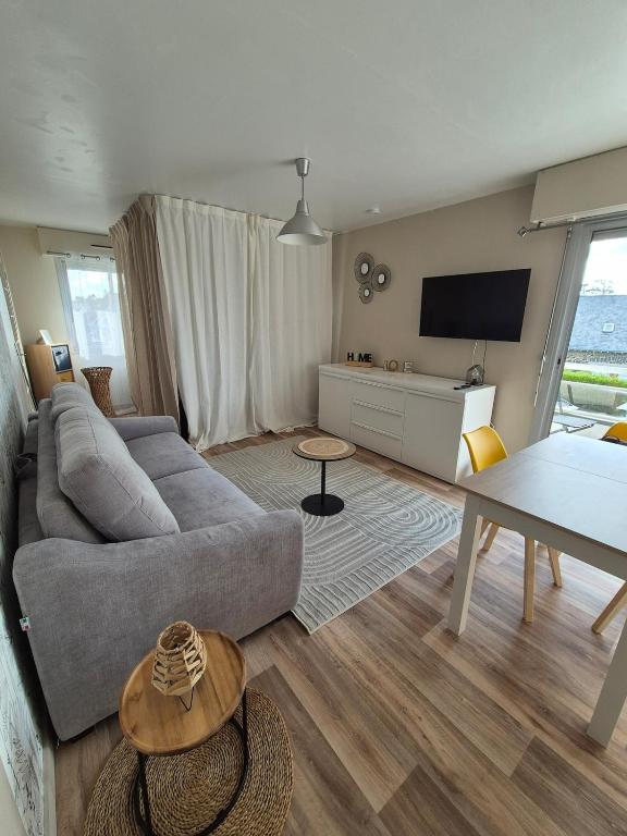 un salon avec un canapé gris et une télévision dans l'établissement L'ancre du Port, à Saint-Quay-Portrieux