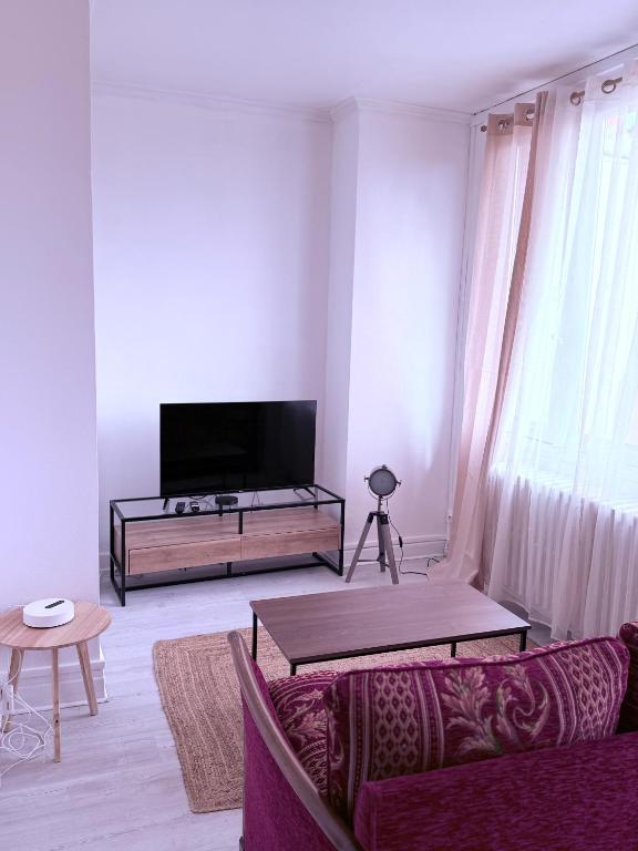 un salon avec un canapé et une télévision dans l'établissement Appartement spacieux au centre-ville, à Montluçon