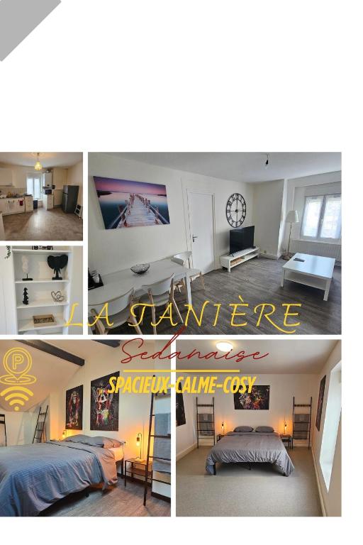 un collage de photos d'une chambre et d'un salon dans l'établissement La Tanière Sedanaise 2 bedrooms parking wifi, à Sedan