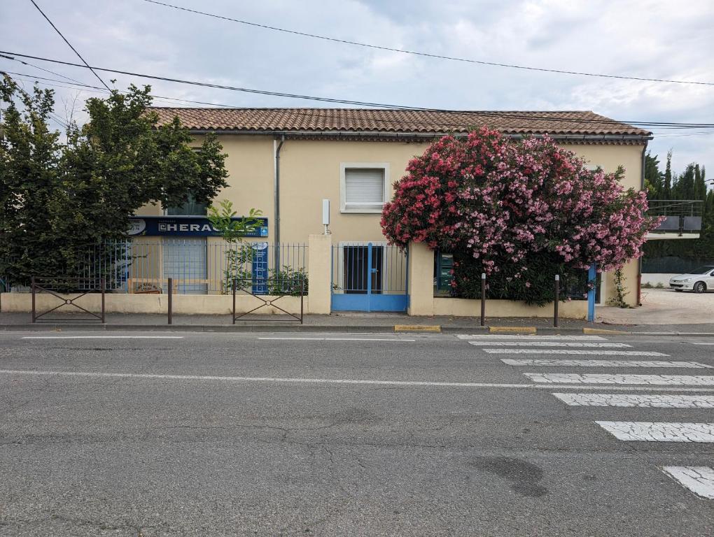 un bâtiment avec un arbre en fleurs au bord d'une rue dans l'établissement L'instant sorgue, à LʼIsle-sur-la-Sorgue