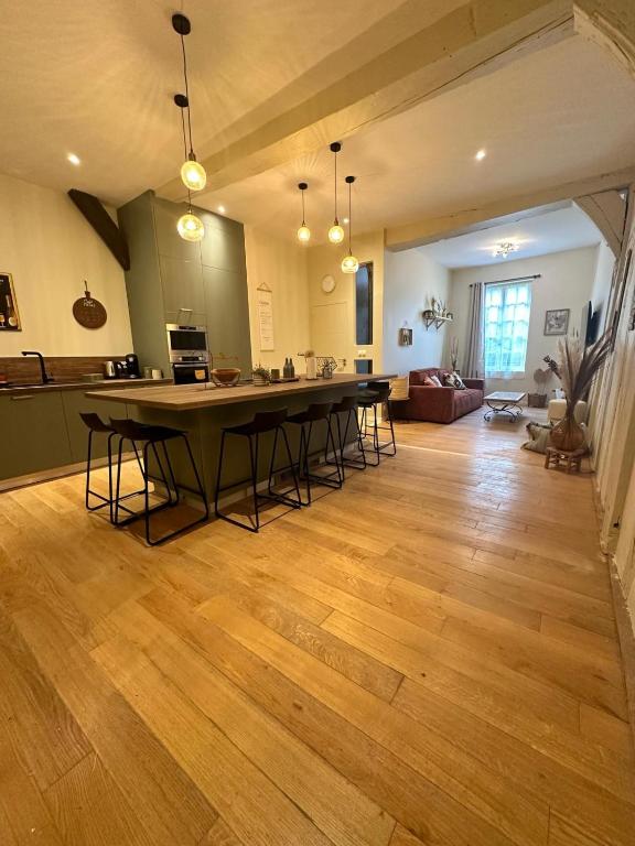 Il comprend une grande cuisine et un salon avec une grande table. dans l'établissement Appartement familial hyper centre Troyes, à Troyes