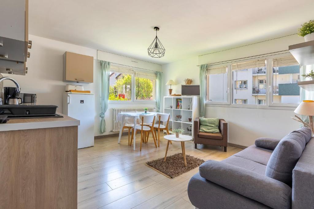 Il dispose d'une cuisine et d'un salon avec un canapé et une table. dans l'établissement Appart cosy Annecy parking et vélos gratuit, à Annecy
