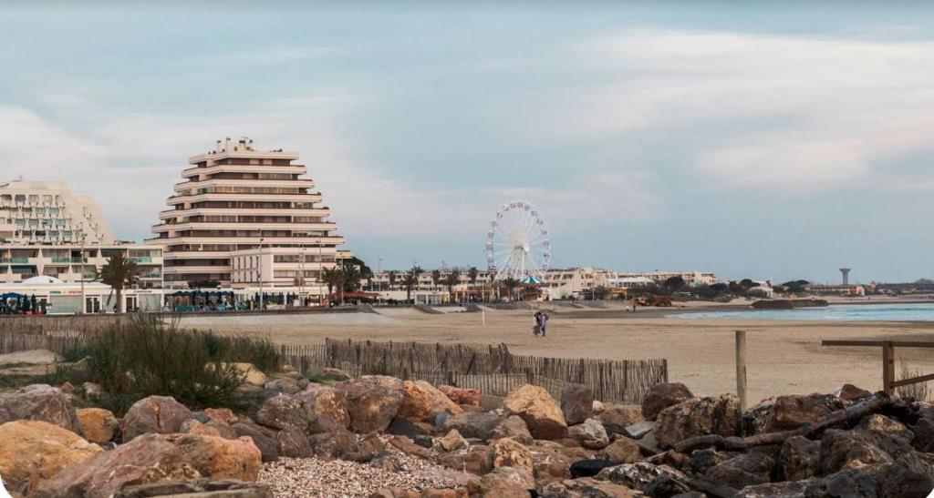 une plage avec une roue ferris en arrière-plan dans l'établissement Le NINI HOME, à La Grande Motte