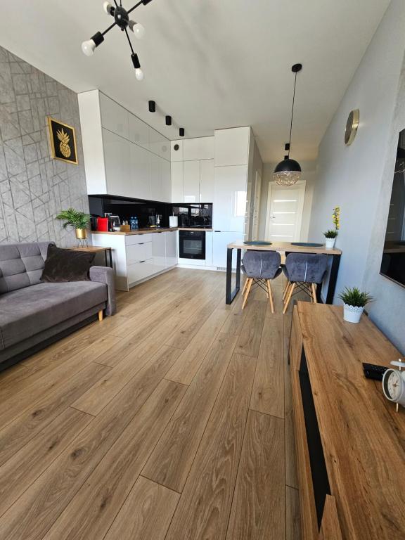 キェルツェにあるApartament Ventus Business and Living 46のソファとテーブルのあるリビングルーム