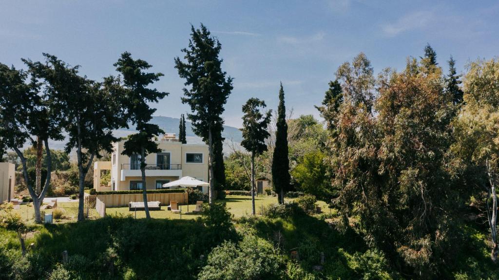 a house in the middle of a yard with trees at Caza Bella Vista a Luxurious House in Kos Town