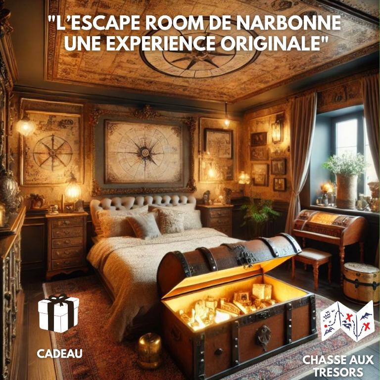 une chambre avec un grand lit avec un coffre dans l'établissement Escape Room - les Trésors de Narbonne, à Narbonne