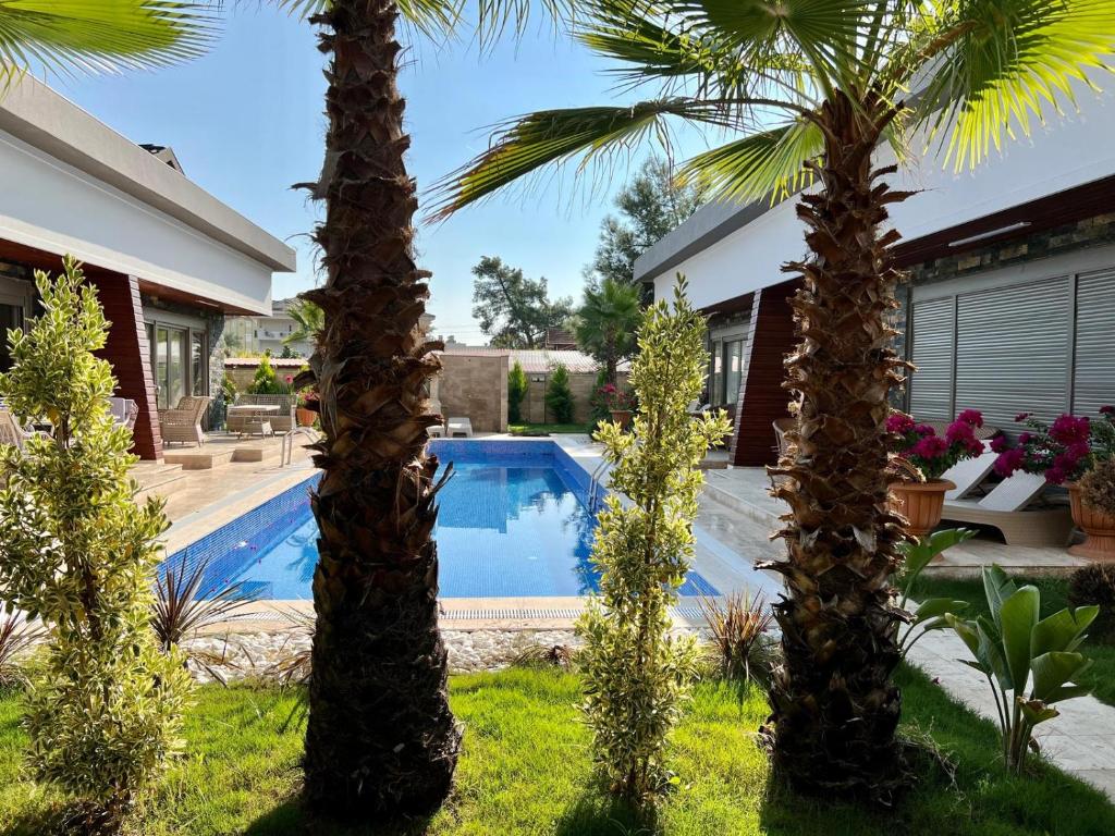 a pool with two palm trees in a yard at Green Park Villa in Kemer