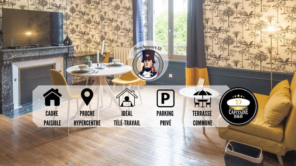 a living room with a table and a tv at BonAppart 12 - Charme Napoléonien & Confort in Troyes