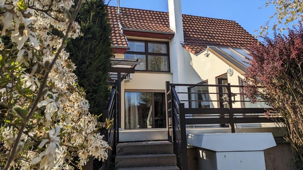 une maison avec des escaliers menant à la porte d'entrée. dans l'établissement Le petit FrEd, à Seebach