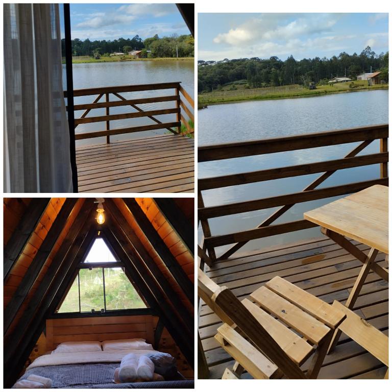 a collage of pictures of a cabin with a table and a window at Rancho dos lagos in Campo Alegre
