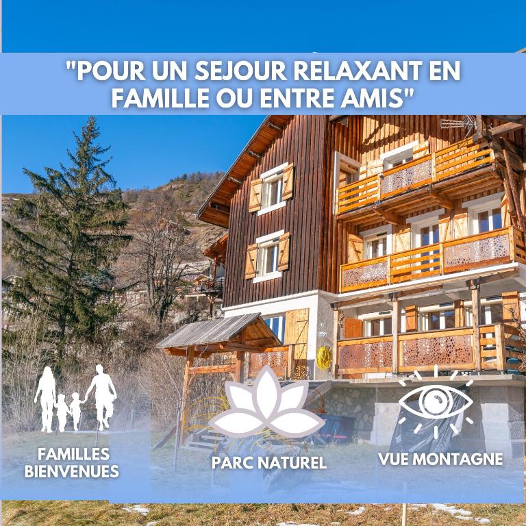 une affiche pour un complexe avec une photo d'un bâtiment dans l'établissement Le Cru'Queyras vit! Élégant chalet lumineux 15pers - Aiguilles - Queyras, à Aiguilles