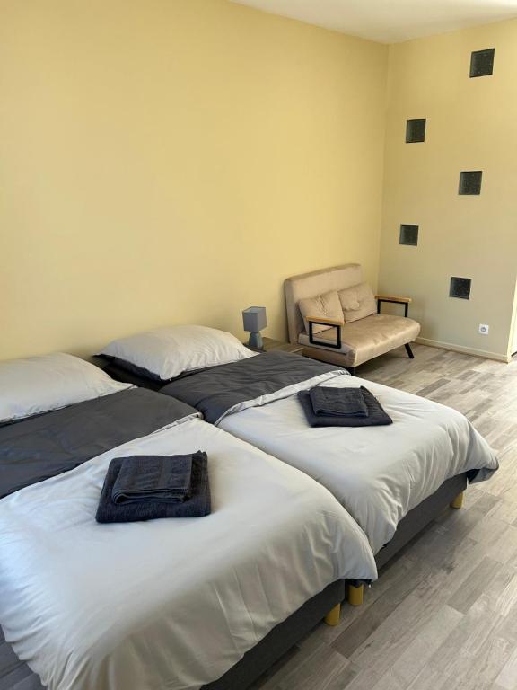- 2 lits dans une chambre avec une chaise et un canapé dans l'établissement Studio le Saint Cosme, à Chalon-sur-Saône