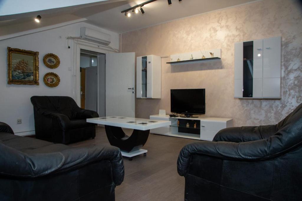 a living room with couches and a table and a tv at Apartman Stefan in Novi Sad