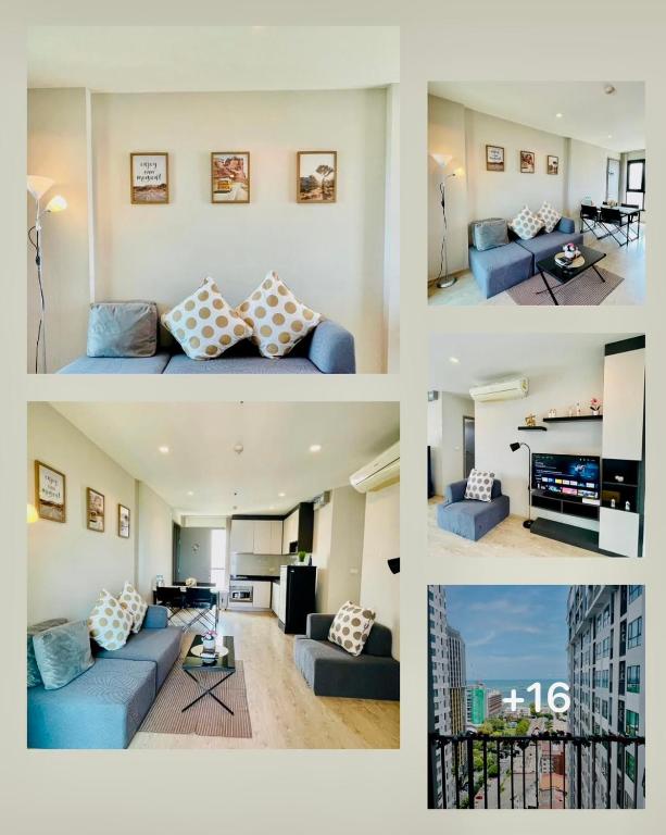 a collage of four pictures of a living room at The base Condo luxury 2 bed 2 bathroomby Numam in Pattaya
