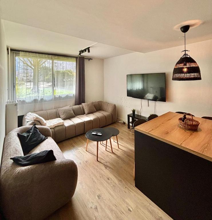 un salon avec un canapé et une télévision à écran plat dans l'établissement Appartement spacieux aux portes du Vieux-Lille, à La Madeleine