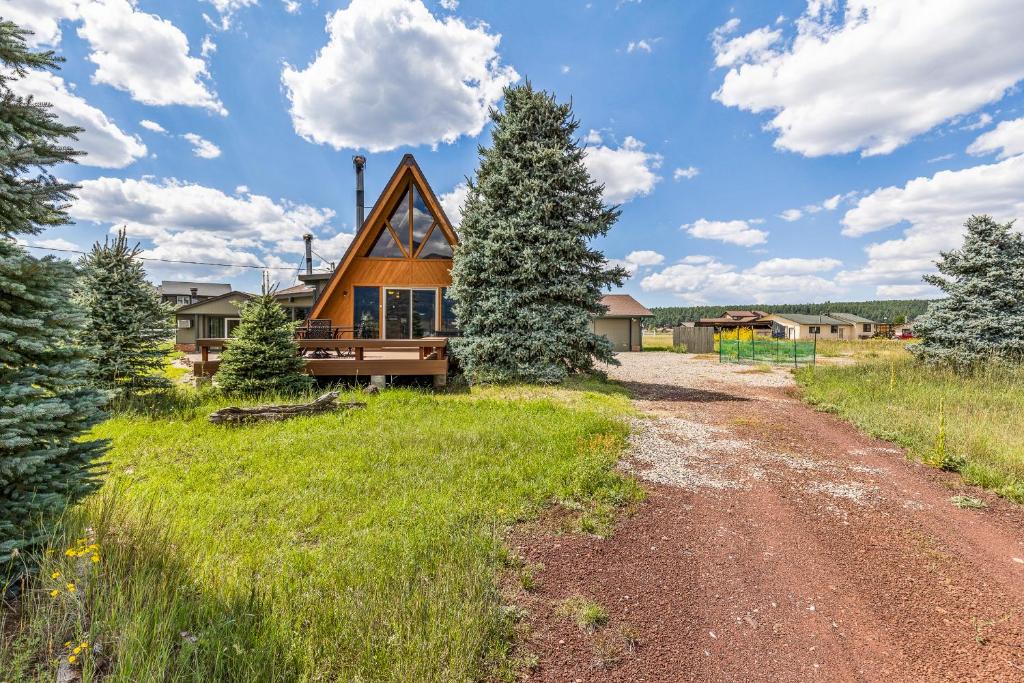弗拉格斯塔夫Rustic Mountain Chalet with Private Studio Minutes from Snowbowl的土路旁的房子