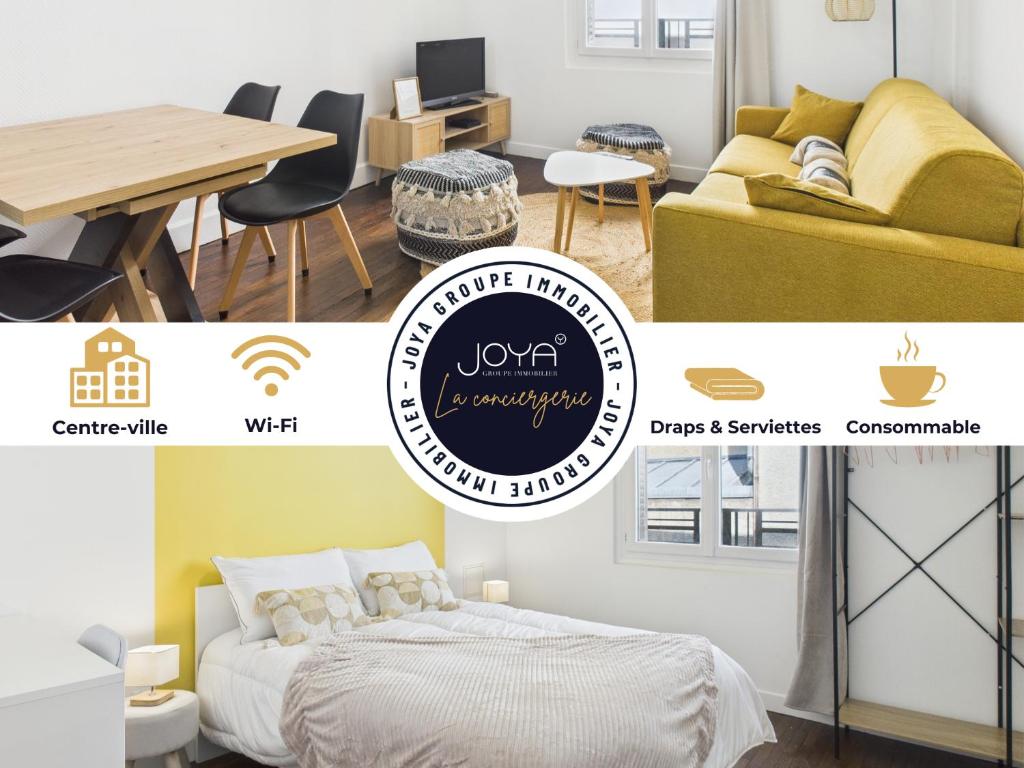 - un collage d'une chambre avec un lit et une table dans l'établissement L'Échappée Belle - Vivez Troyes Autrement, à Troyes