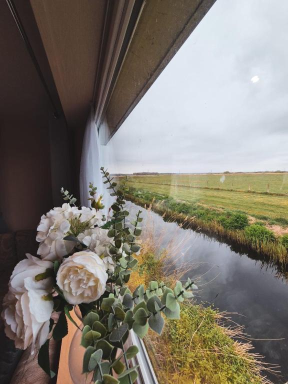 a vase with flowers on a window with a view of a field at Whitstable Vacation in Kent