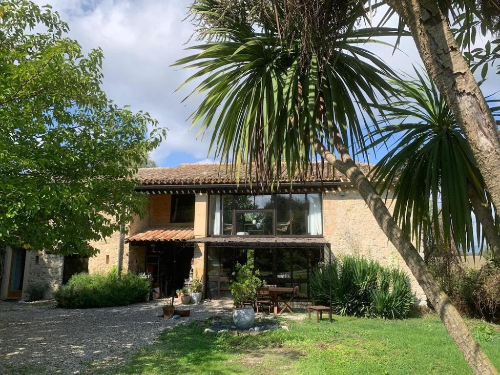 une maison avec des palmiers devant dans l'établissement Le Moulin à Eau, cœur Occitanie, à Laurabuc