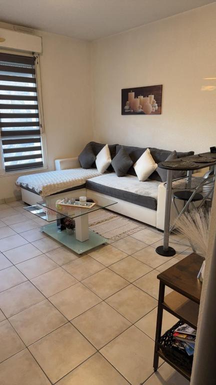 un salon avec un canapé et une table dans l'établissement Studio meublé, à Mulhouse