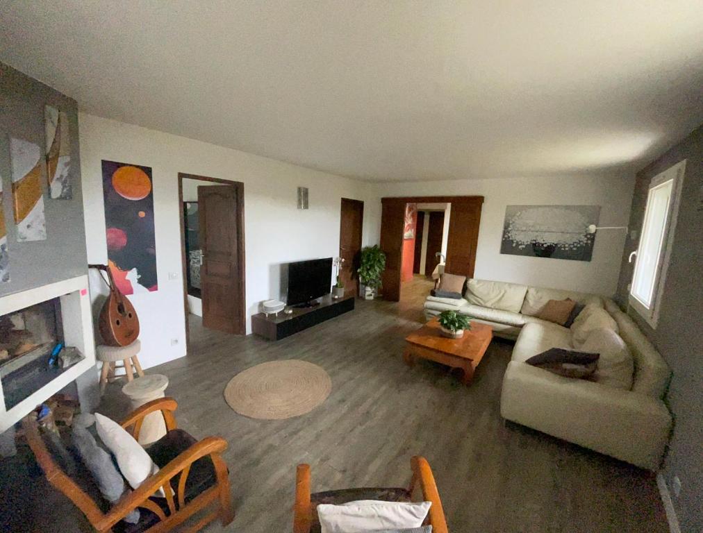 un salon avec un canapé et une télévision dans l'établissement Zen house with a view, à Manosque