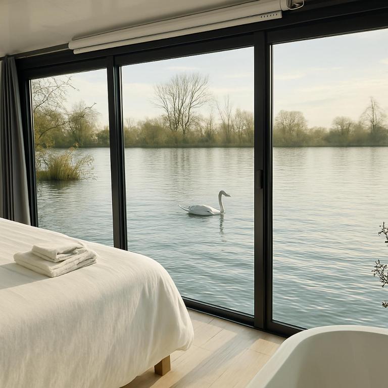 une chambre avec vue sur un cygne dans l'eau dans l'établissement La Dolce Vita ! Sauna, Spa, Cinéma, à Basse-Ham