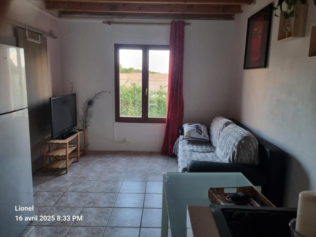 un salon avec un canapé et une fenêtre dans l'établissement Le Rosalbin, à Jupilles