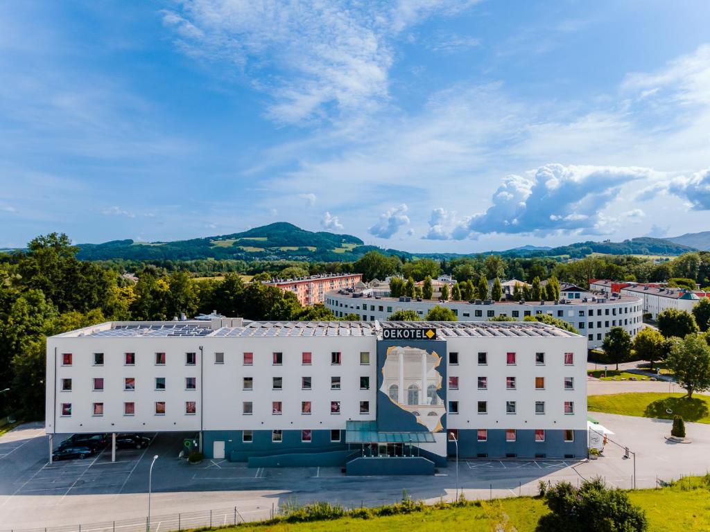 an aerial view of a white building at OEKOTEL Salzburg Messe in Salzburg
