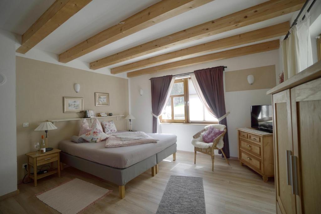 a bedroom with a bed and a desk and a tv at Landgut Seebühne Steigerwald - Guesthouse in Vestenbergsgreuth