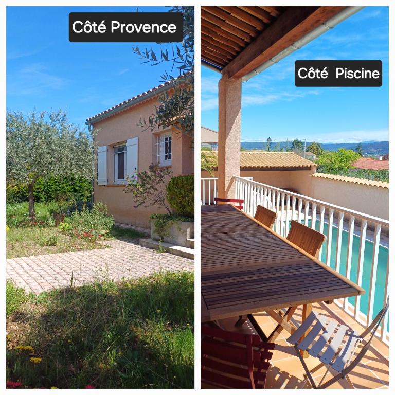 deux photos d'une terrasse avec une table et d'une maison dans l'établissement Côté Provence - Côté Piscine, à Villeneuve