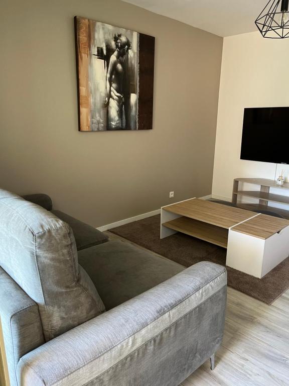 un salon avec un canapé et une table dans l'établissement Appartement Sainte Maxime, à Sainte-Maxime