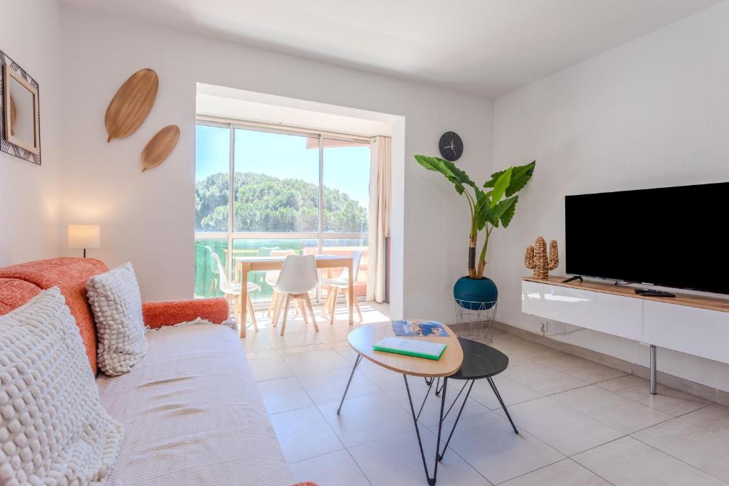 een woonkamer met een bank, een tv en een tafel bij Appartement Azur et Lavande in Fréjus