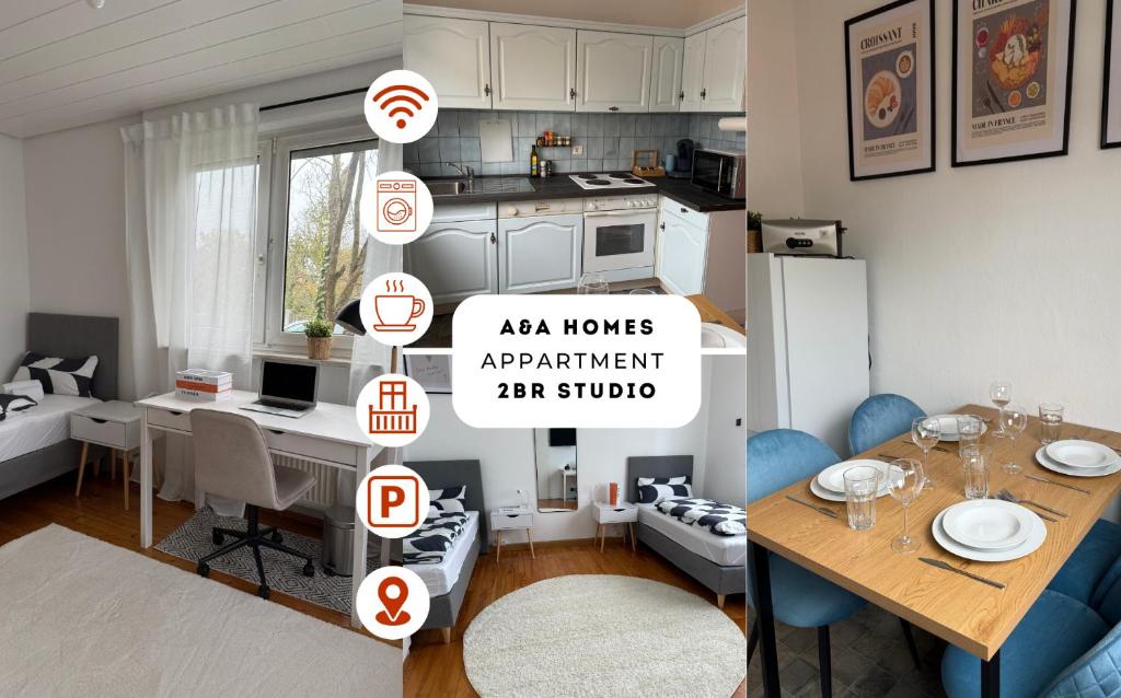 a room with a kitchen and a dining room with a table at Projektunterkunft Wörth nähe MIRO - Mercedes Benz - Dachser in Wörth am Rhein