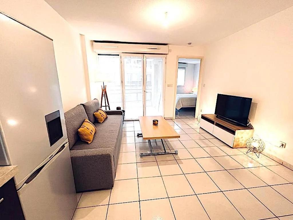 un salon avec un canapé et une télévision dans l'établissement Charmant 2 pièces avec terrasse proche plage, à Antibes
