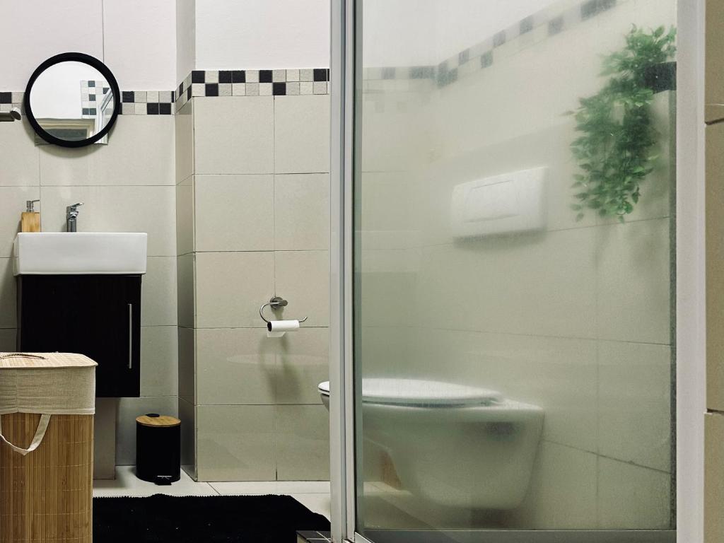 a bathroom with a shower with a toilet and a sink at Cosy Urban Apartment in Durban