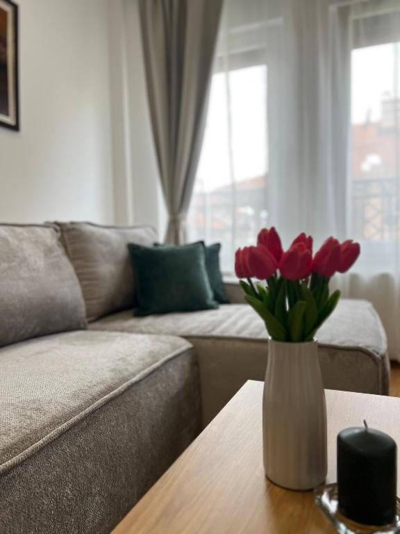 Eine Vase mit roten Tulpen auf einem Tisch im Wohnzimmer in der Unterkunft Loyal 1 in Aranđelovac