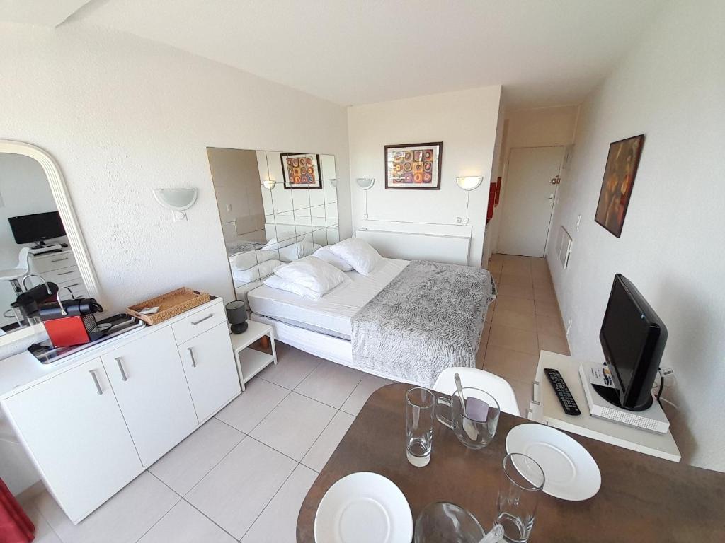 une chambre avec un lit et un bureau avec une télévision dans l'établissement Studio Village Naturiste Pina Colada, au Cap d'Agde