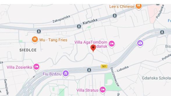 a map of a street with pink spots at Apartament Pomarańczowy Gdańsk 80 metrów z widokiem na ogród in Gdańsk