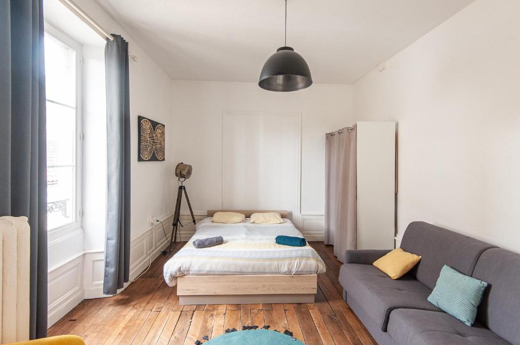 un salon avec un canapé et un lit dans l'établissement Karijini Apartment 1 bedroom - City Center - Poitiers, à Poitiers