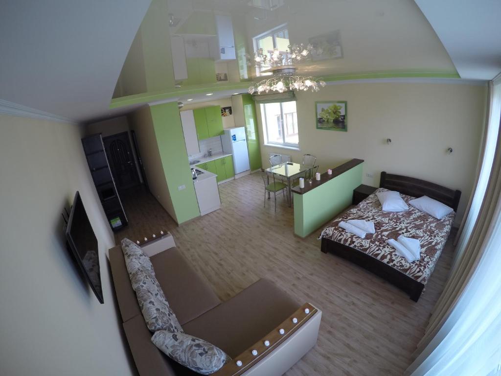 VIP Apartament in the center في تريسكوفيتس: اطلالة جوية لغرفة معيشة وغرفة نوم