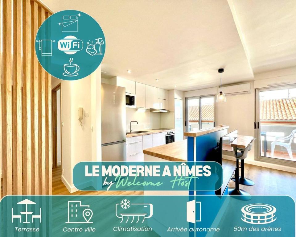 un panneau indiquant une cuisine dans une maison dans l'établissement Le Moderne à Nîmes, proche Arènes et gare, à Nîmes