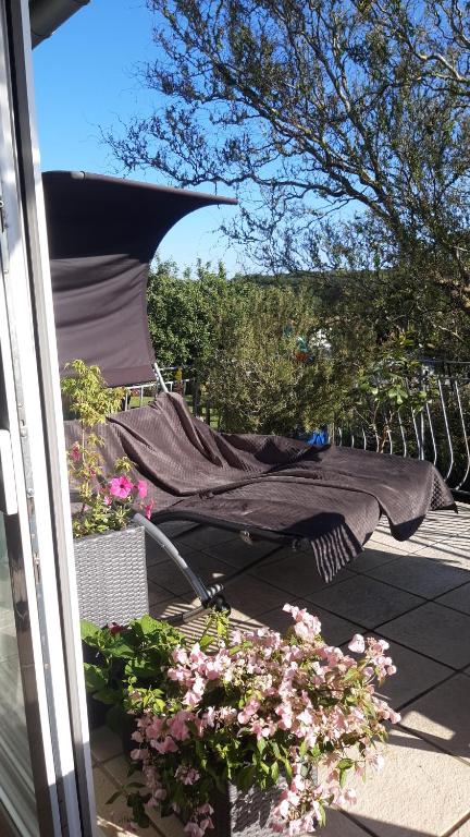 a blanket is laying on a patio with flowers at Appartement entier LEA avec petit déjeuner in Hilsprich