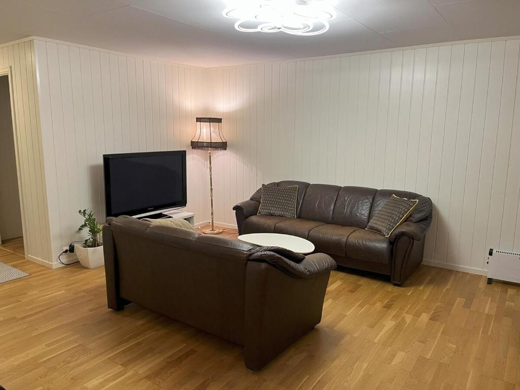 Una sala de estar con un sofá y un televisor. en Kvaløya Seaview, en Tromsø