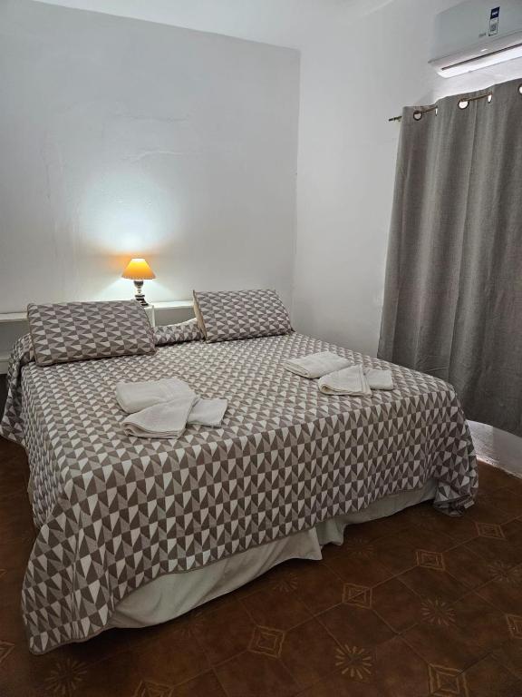 ein Schlafzimmer mit einem Bett mit einem Tisch und einer Lampe in der Unterkunft Casa de Mayo in Tinogasta