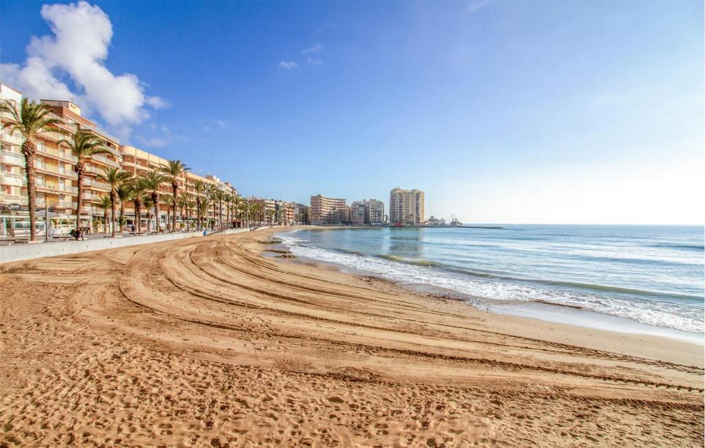a beach with palm trees and buildings and the ocean at Awesome Apartment In Torrevieja in Torrevieja