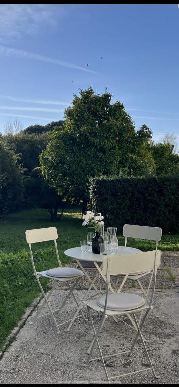 une table et deux chaises assises à côté d'un champ dans l'établissement T2 le Côte d'Azur, au Lavandou