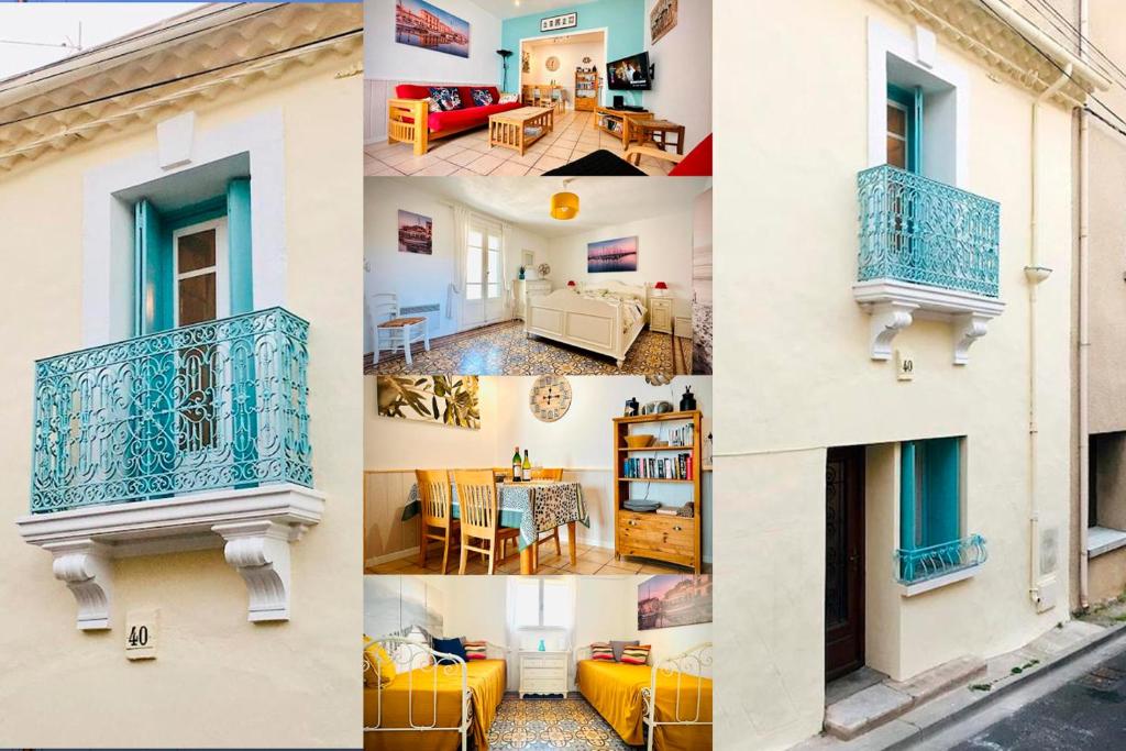 un collage de photos d'un bâtiment avec balcon dans l'établissement La Petite Maison, à Marseillan